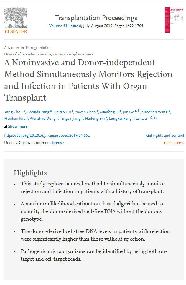 Transplantation Proceedings | 奥根诊断携手国内顶尖器官移植专家研究一种新型方法用于器官移植患者术后排斥和感染检测