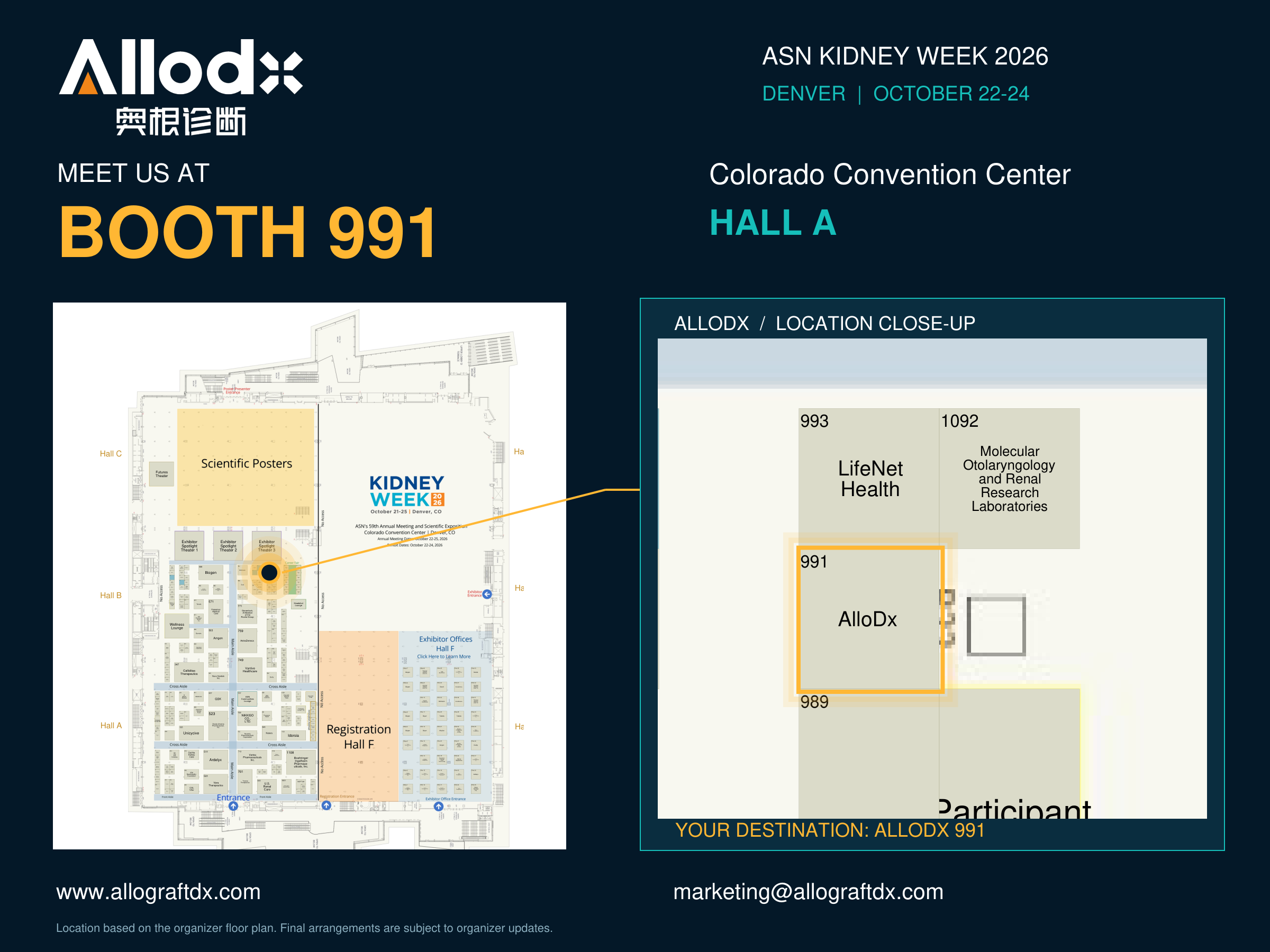 ASN Kidney Week 2026 展位位置图(Hall A · Booth 991)